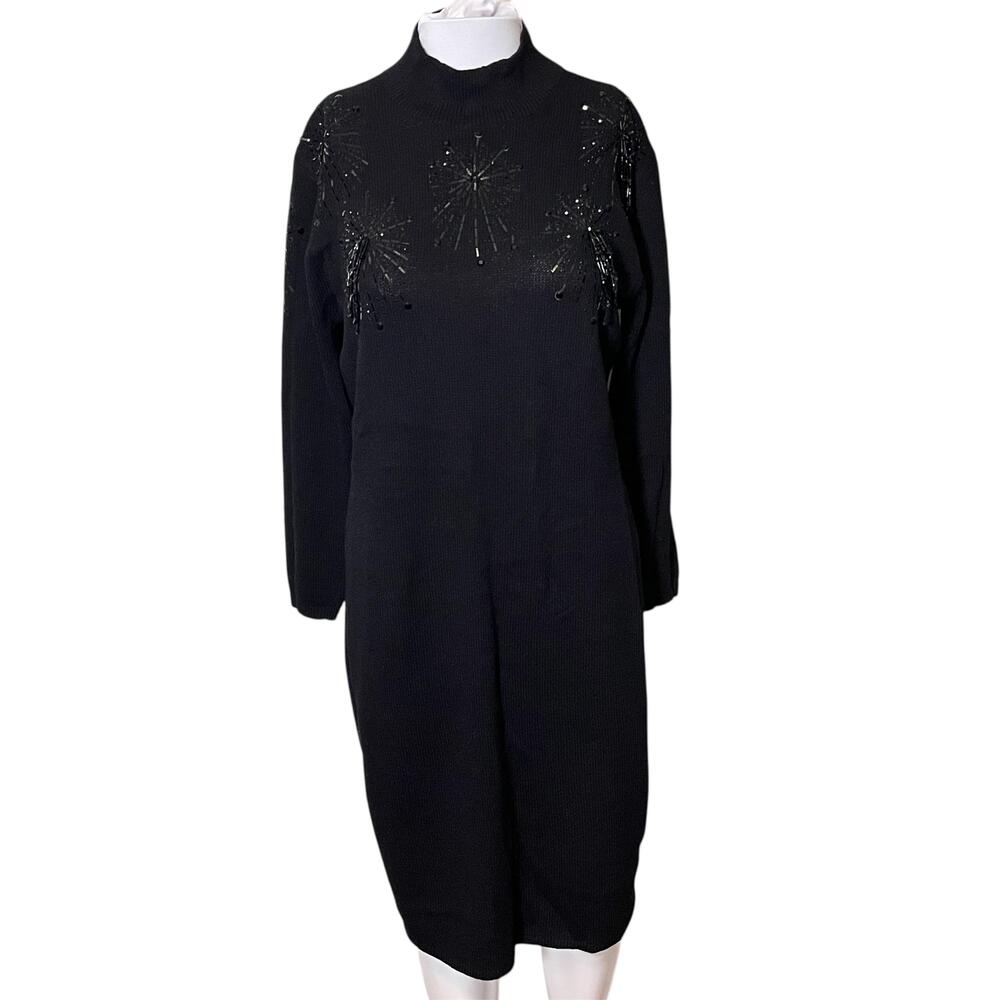 Vintage St John 1970s Sweater Dress Womens 10 Black Beaded Open Back USA Holiday